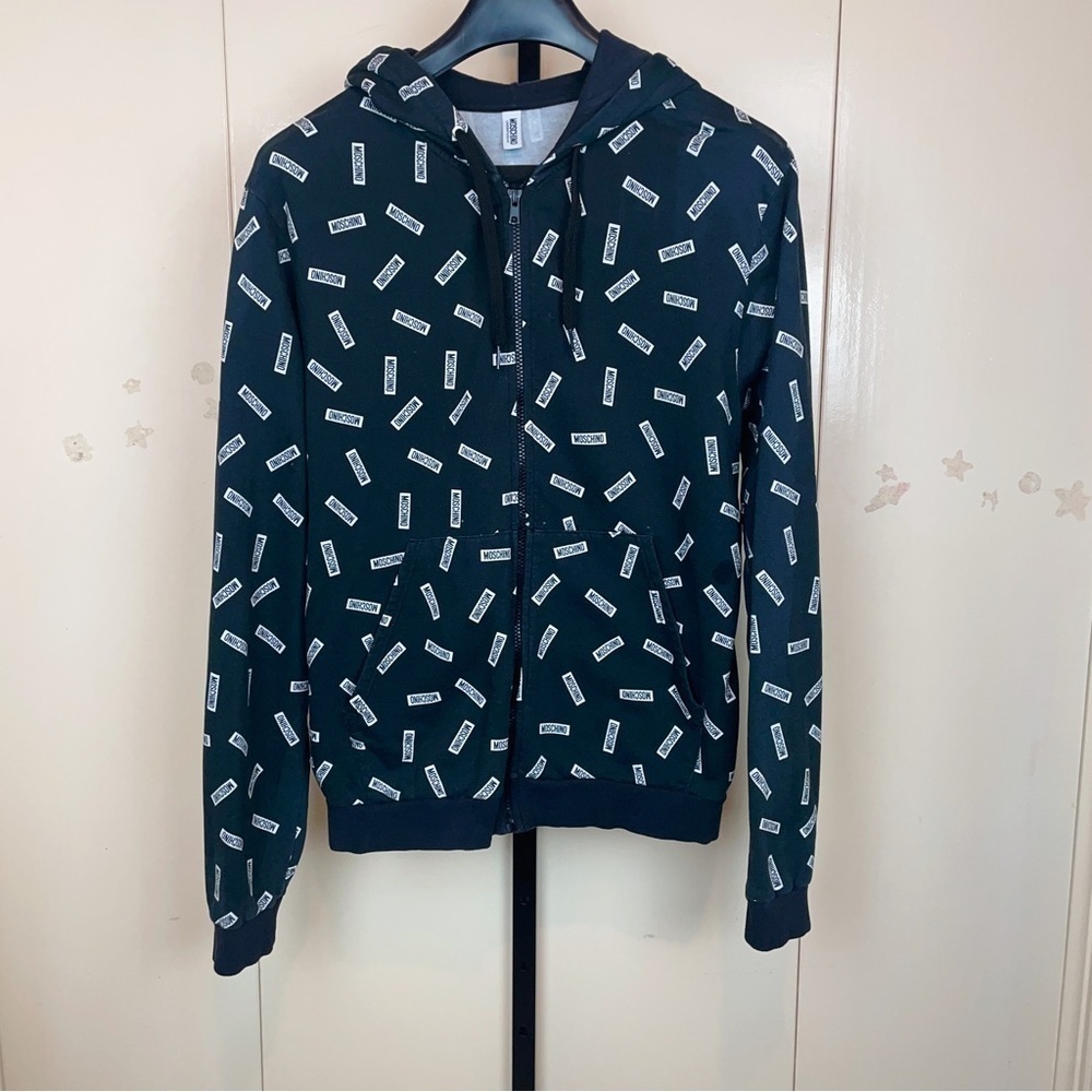 Authentic Moschino Repeat Logo Print Zip Up Hoodie Black